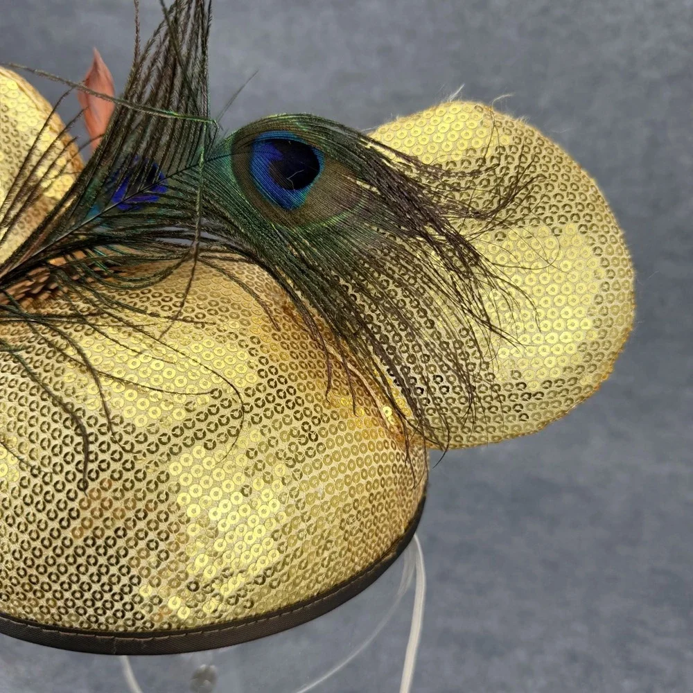 Disney Parks Minnie Mouse Gold Sequin Ears Peacock Feather Headband One Size